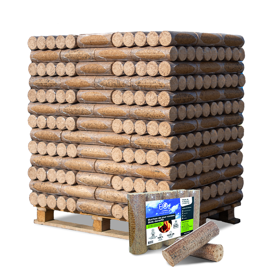 Palette de 520 ou 260 bûches de bois densifiées JOUR EO2 Palette de 520 ou 260 bûches de bois densifiées JOUR EO2