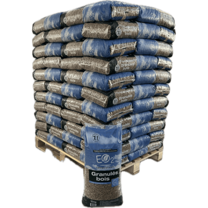Granulés de bois premium EO2 10kg – Palette de 104 ou 52 sacs Granulés de bois premium EO2 10kg – Palette de 104 ou 52 sacs